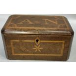 A 19th century mahogany and walnut satinwood inlaid box, the cover inlaid with the initials 'AN'