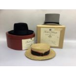 Three gentleman’s hats, consisting of a grey felt top hat, Herbert Johnson boxed, no size marked,