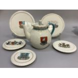 W. H. Goss porcelain tea pot with Newport I. W crest 14.5cm high and two teapot stands with Southsea