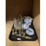 Two breakfast cruets, Victorian jug (at fault), Jasper ware lidded boxes, owl handled paper knife