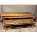 A pine rectangular kitchen dining table with drawer to one end together with two trestle end