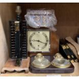 Two oak mantel clocks, one by Elliot together with an Abacus table lamp and pair of abacus and a
