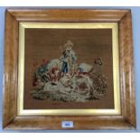 A Victorian needlework panel of a huntsman and hounds within a birdseye maple frame with slip,