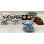 A pair of blue and white bough pots, a blue and white vase, a Wedgewood green Jasperware bowl and