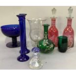 Coloured and clear glass ware including a Bristol blue type pedestal bowl, pair of blue