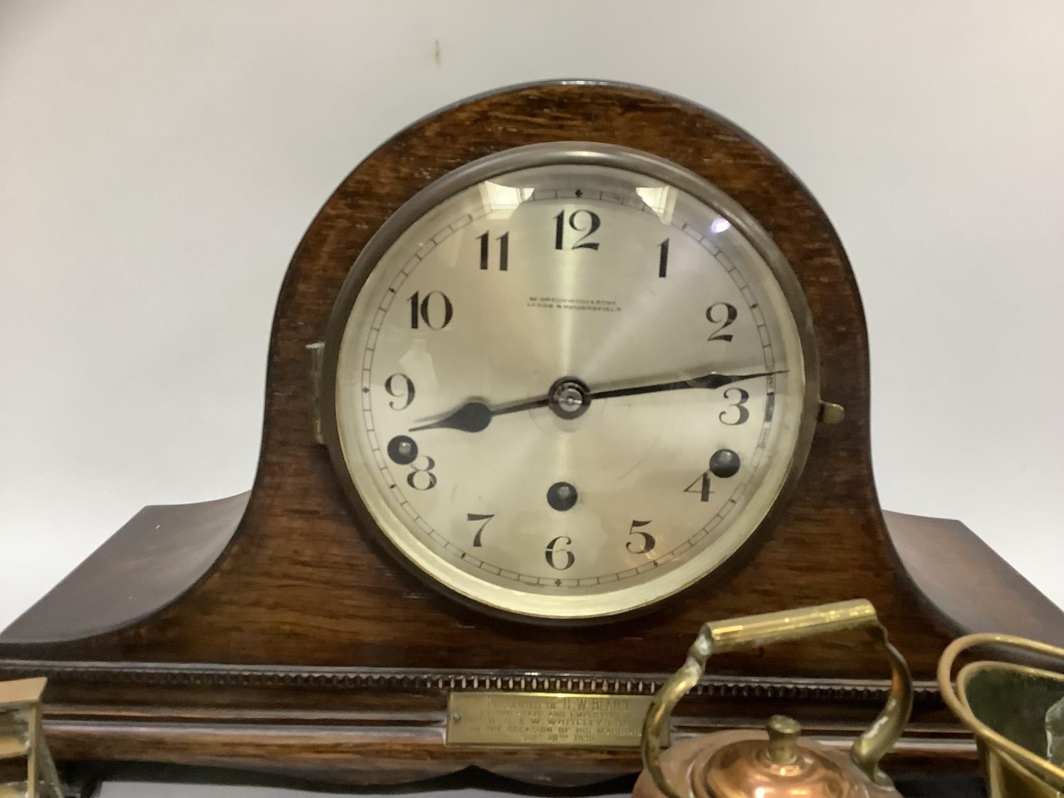 An oak mantle clock by Greenwood & Sons, silver dial with black Arabic numerals with eight day - Image 2 of 3