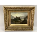 H Mcg--- 19th century highland landscape with shepherd and flock below castle ruins, oil on board,