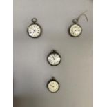 Four ladies late 19th century fob watches in open faced silver cases with polychrome enamel dials (