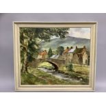 Ken Johnson 20th century Thornton - Le - Dale river and cottages, oil on canvas, signed to lower