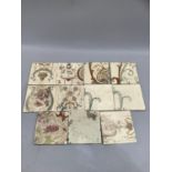 Eleven Edwardian ceramic tiles from a panel, incomplete.