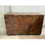 A 19th century oak and brass bound lodging box, previously having three locks and carrying