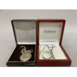 Three items of silver jewellery with a diamond set pendant on a box link chain, an engraved band