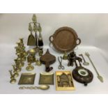 Barometer, pair of bellows, carved two handled tray, wall plaque, fire irons, candlesticks, hearth