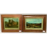 A pair of reverse colour printed on glass views of Low Harrogate, 1829 and Rievaulx Abbey, overall