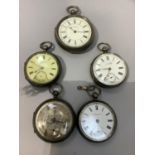Five Victorian key wound pocket watches all in open faced silver cases by various maker's
