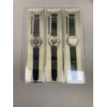 Three Swatch automatic wristwatches all in transparent colourless composite cases and with 23