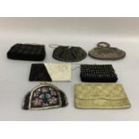 Evening bags, 20th century, 1920’s to 50’s, two sequin examples, three beaded, one in black and gold