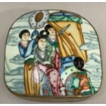 A Chinese ceramic and metal box, the curved lid painted with a noble woman and attendants, 15.5cm by