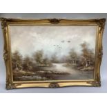 H. Carez, river and woodland with silver birch and geese in flight, oil on canvas, signed to lower