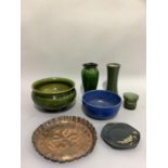 A Bretby ware green glaze bowl no.159e, impress mark to underside, a similar green glaze vase with