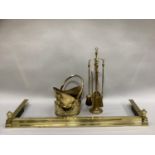A modern brass adjustable brass fender, coal scuttle and set of fire irons with stand