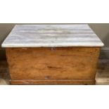 An early 20th century pine lodging box with side carrying handles, the top later painted, the