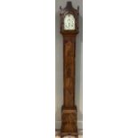 Early 20th century figured mahogany and cross banded long case clock of slender proportions inlaid