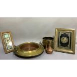 A Turkish two handled brass and copper dish with broad rim, a copper coffee pot, a brass planter and