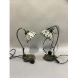 A pair of Tiffany style table lamps with lustre and pale green petal shaped shades on a lily pad
