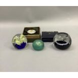Various paperweights including Caithness and enamelled box 'Congratulations'