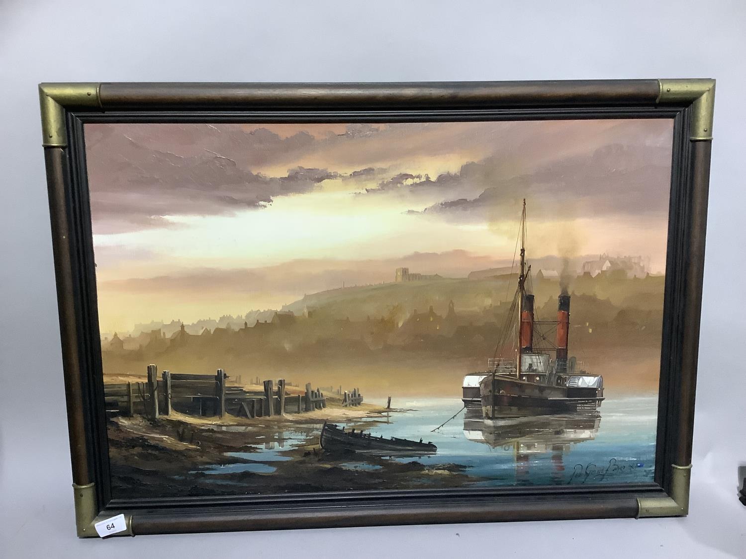 Peter Gerald Baker, paddle steamer at anchor, Whitby, oil on canvas, signed to lower right, 51cm