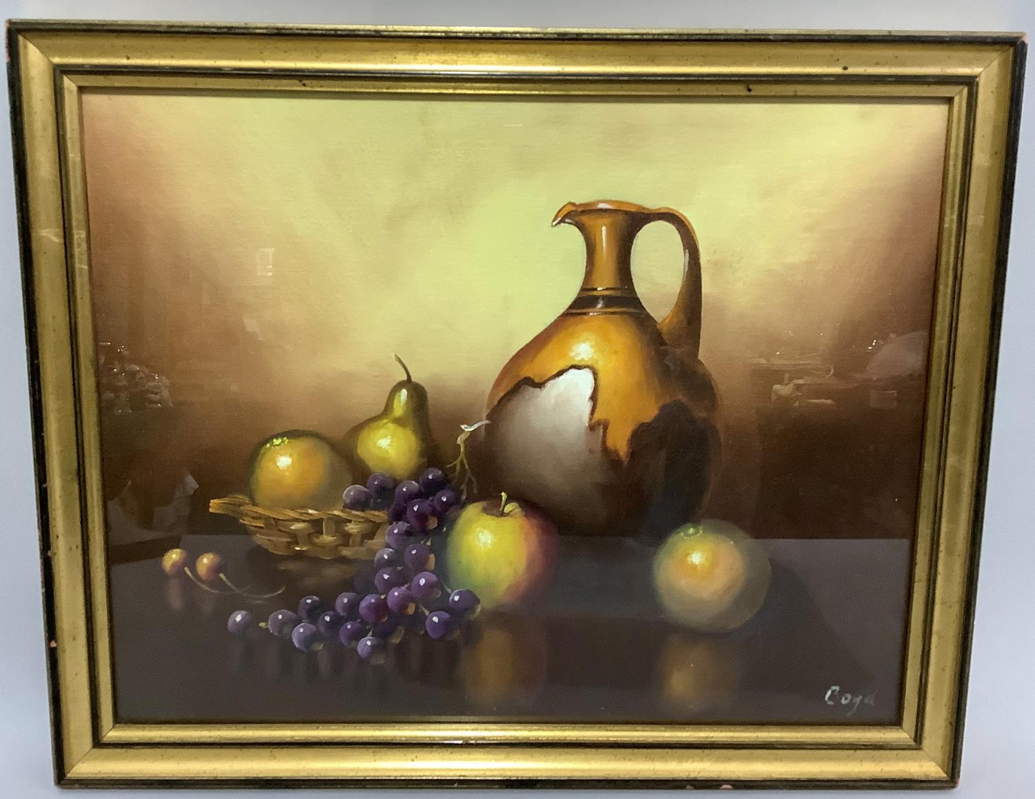 Boyd, still life of grapes, apples and pears and an earthenware flagon, oil on canvas laid onto - Bild 2 aus 3