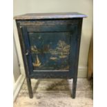 An ebonised and gilt chinoiserie decorated cabinet with single indented panel door and on square