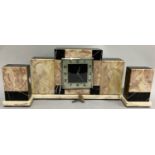 An Art Deco rouge and black marble clock garniture having a square silvered and black dial with