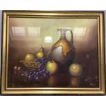Boyd, still life of grapes, apples and pears and an earthenware flagon, oil on canvas laid onto