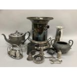 A silver lidded cologne bottle and powder bowl together with silver plated and Britannia metal items