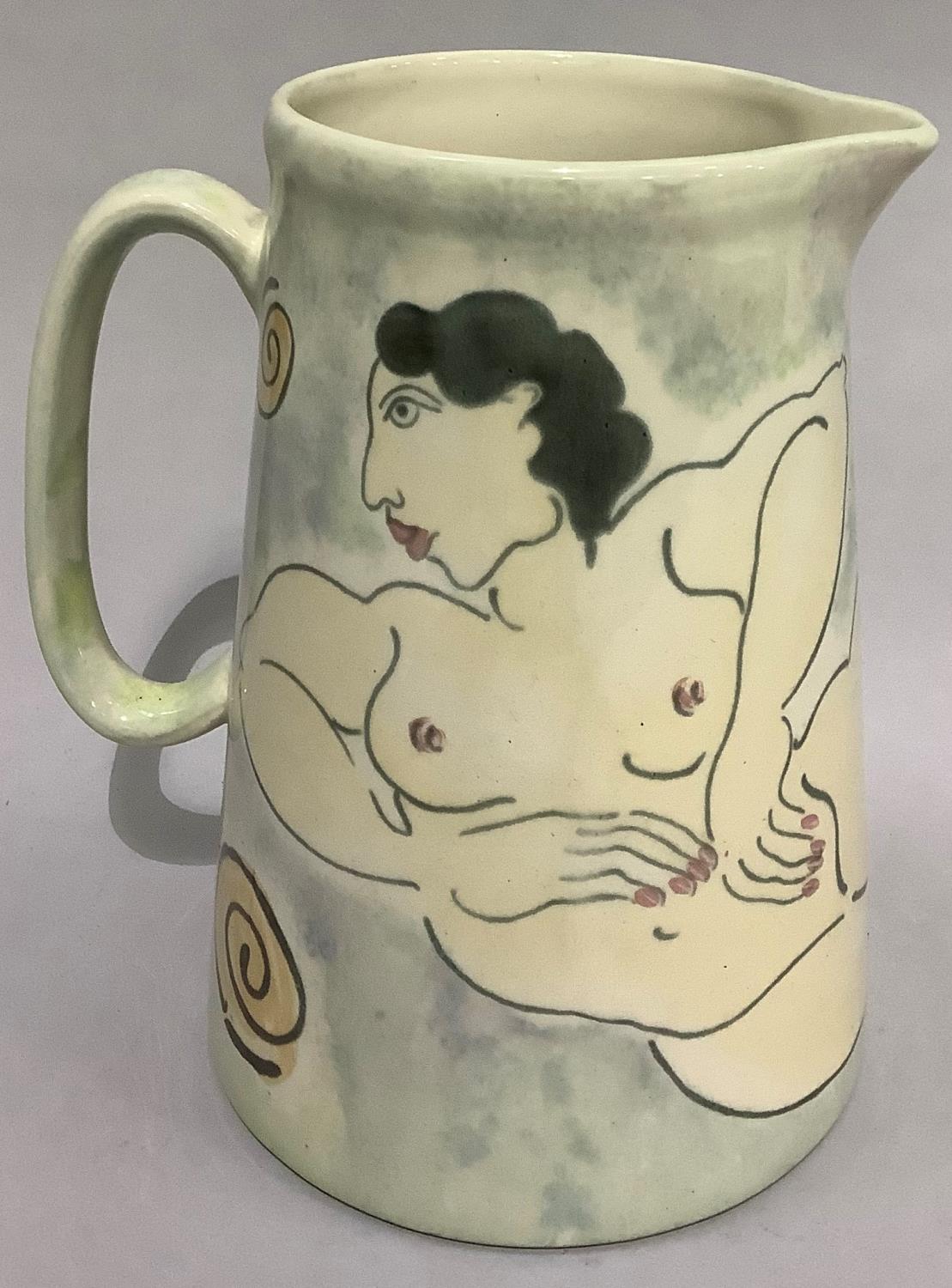 A large pottery jug by Herron Cross Pottery painted with a female nude, 22cm high - Image 2 of 5