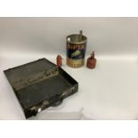 A vintage black metal document case together with two oil cans and a large Sifta table salt drum
