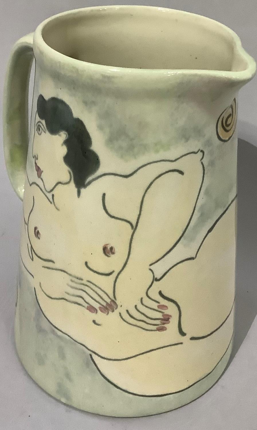 A large pottery jug by Herron Cross Pottery painted with a female nude, 22cm high - Image 3 of 5