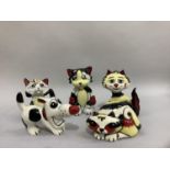 Five various Lorna Bailey painted animals including red nosed dog, boxer cat, cat with bee on