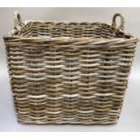 A very large two handled wicker log basket, 66cm square by 51cm high together with a wicker kindling