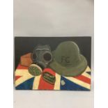 Trench art still life, home front ARP, CWS tobacco, gas mask, helmet, union flag, oil on canvas,
