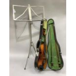 A student's violin made in China, 58.5cm long, two bows, one unmarked the other marked P&H,