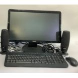 A Dell computer monitor and keyboard with mouse and IT Works speakers