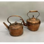 Two 19th century copper kettles of circular outline the first with looped strap finial and handle,
