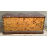 An early 20th century pine lodging box on plinth base, 92cm wide by 46cm deep by 42cm high