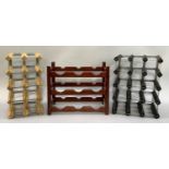 A mahogany two tier wine rack and a small section of pine and metal wine racking (3)