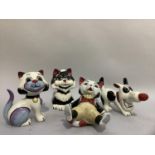 Four various Lorna Bailey painted animals including red nosed dog, squire cat and two others