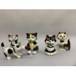 A group of five Lorna Bailey animal characters including red nosed dog, cat with a bee on head,