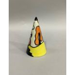 A Lorna Bailey conical sugar sifter painted with house and path in the style of Clarice Cliff, 13.